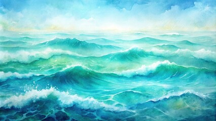 Fototapeta premium Abstract watercolor background of soft blue and green ocean waves gradient Close-Up