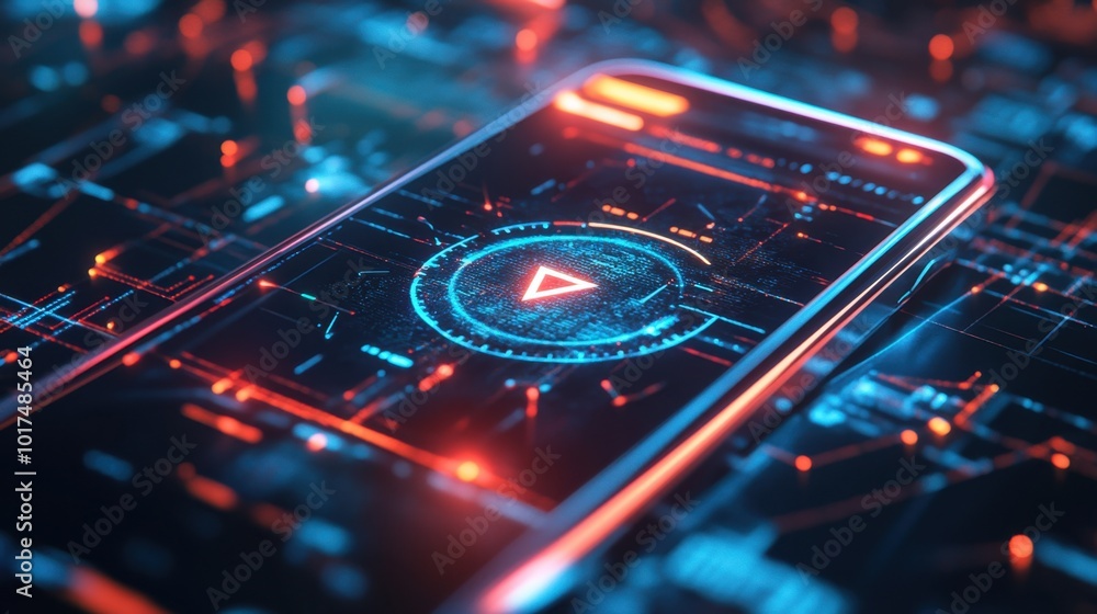 Poster smartphone displaying a digital world with a gps arrow, blending virtual reality and technology for 