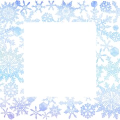 青色の雪の結晶が敷き詰められた四角フレーム。冬のファンタジーをイメージした水彩イラスト。