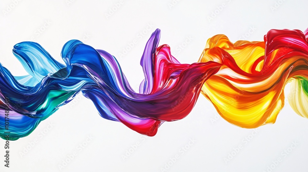 Poster vibrant, flowing paint strokes in a spectrum of colors, creating a dynamic and abstract composition 
