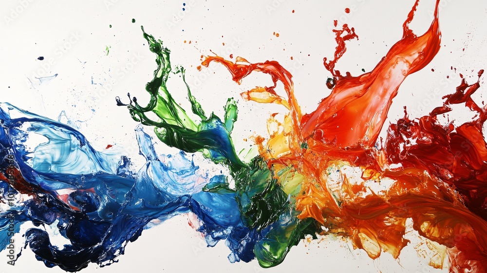 Poster colorful splashes of paint creating dynamic patterns against a white background, ideal for artistic 