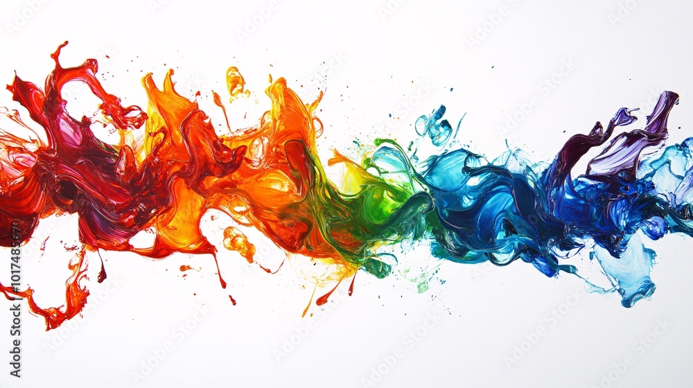 Poster a vibrant splash of colorful paints merging together, creating a dynamic and artistic visual on a wh