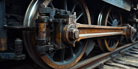 Rusty Train Wheels and Connecting Rods on Historic Railway Tracks
