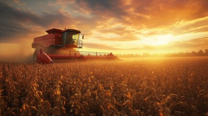 Fototapeta premium Soybean harvest in progress with a red combine harvester under a glowing autumn sunset, symbolizing farm work and productivity