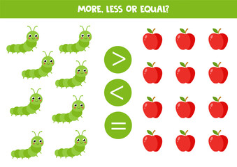 More, less, equal with cartoon caterpillars and red apples. Colorful worksheet.
