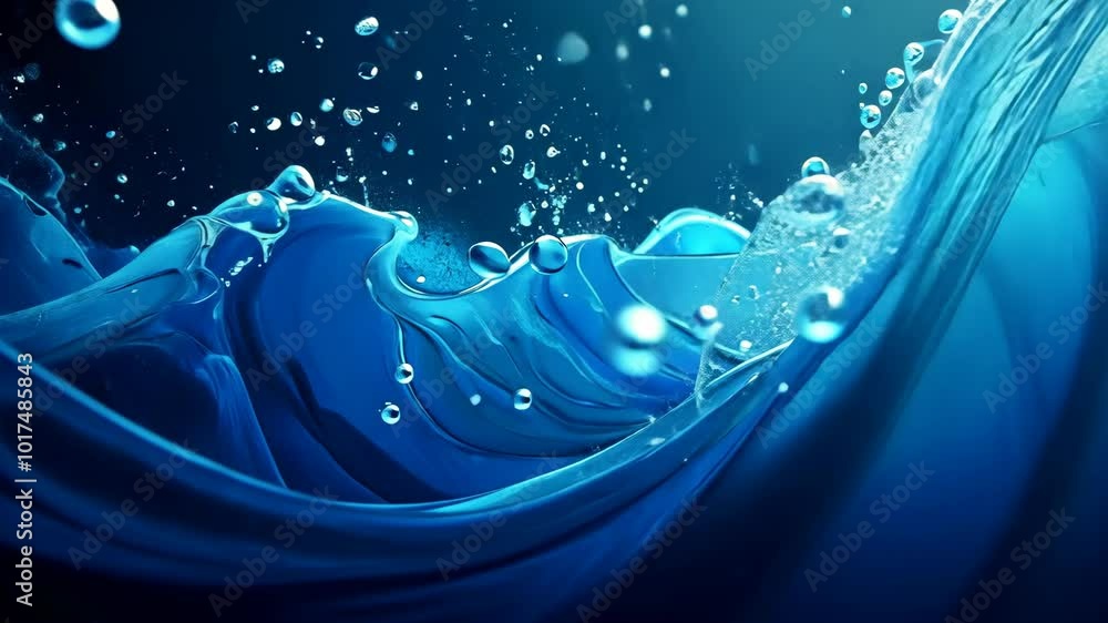 Poster a close-up view of blue water splashing and creating small bubbles