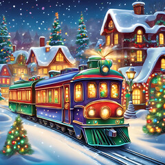 Obraz premium Whimsical cartoon Christmas train chugging through a snowy village, with colorful lights, festive decorations, and happy passengers waving from the windows - Generative AI