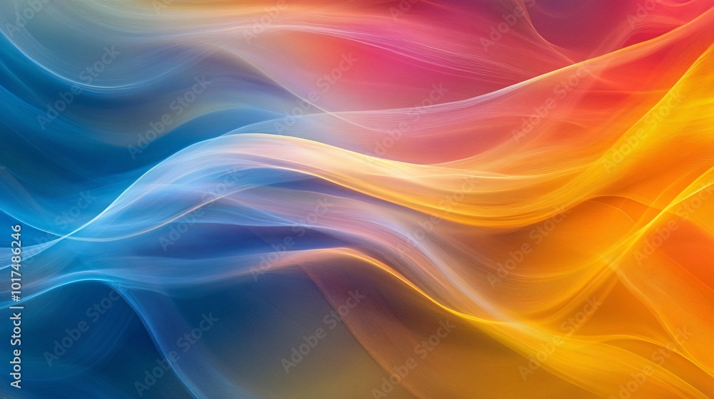 Poster an abstract swirl of colorful waves in blue, orange, and pink, creating a vibrant and dynamic motion