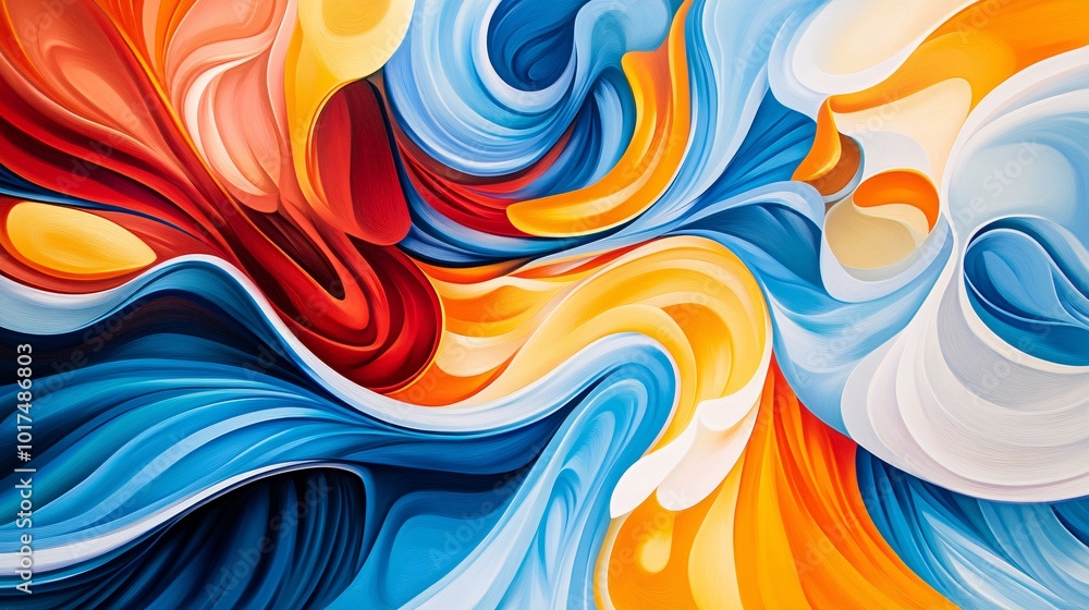 Poster vibrant, flowing abstract art featuring a mesmerizing blend of colorful swirls and dynamic shapes, p