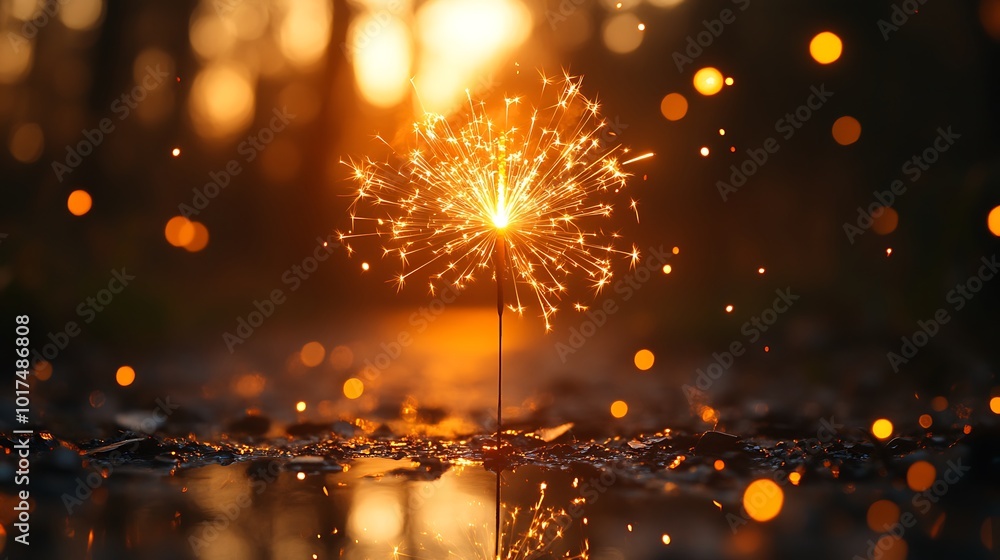 Poster a single sparkler burns brightly against a backdrop of golden bokeh lights in a forest setting, crea
