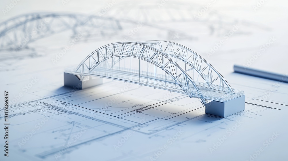 Poster vision of a bridge in 3d architectural modeling with blueprint details, showcasing structural planni