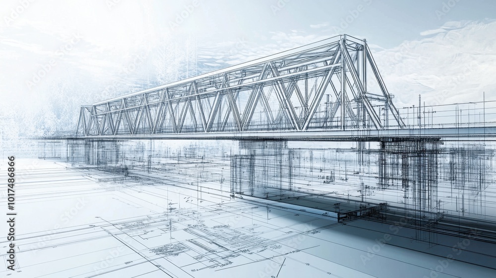 Aufkleber vision of a bridge in 3d architectural modeling with blueprint details, showcasing structural planni