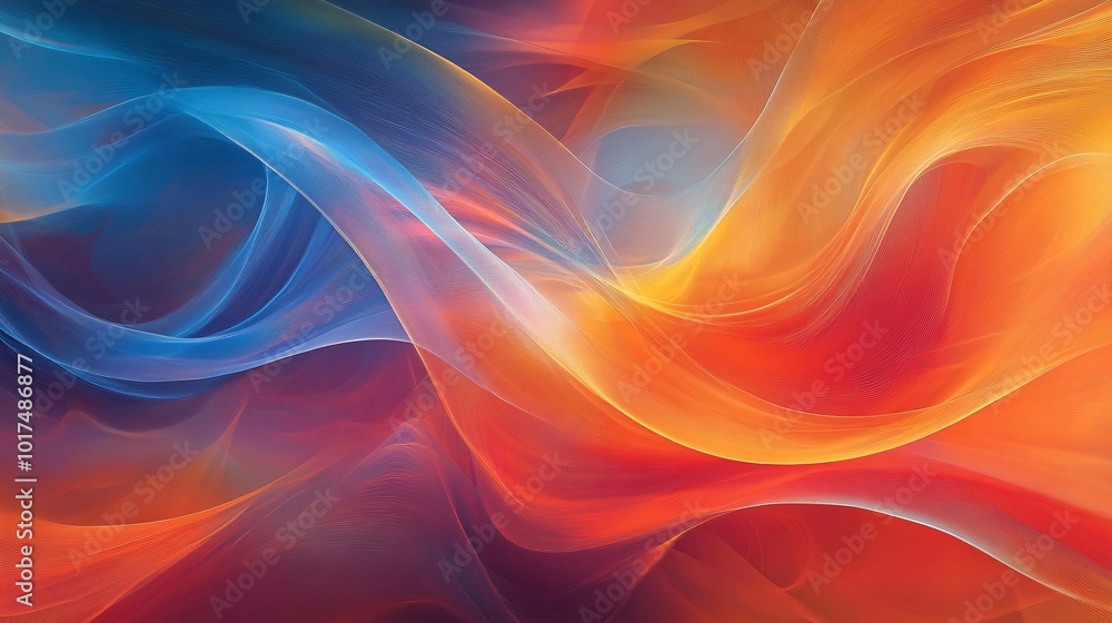 Poster a vibrant abstract background featuring flowing waves of red, blue, and orange colors, creating a dy