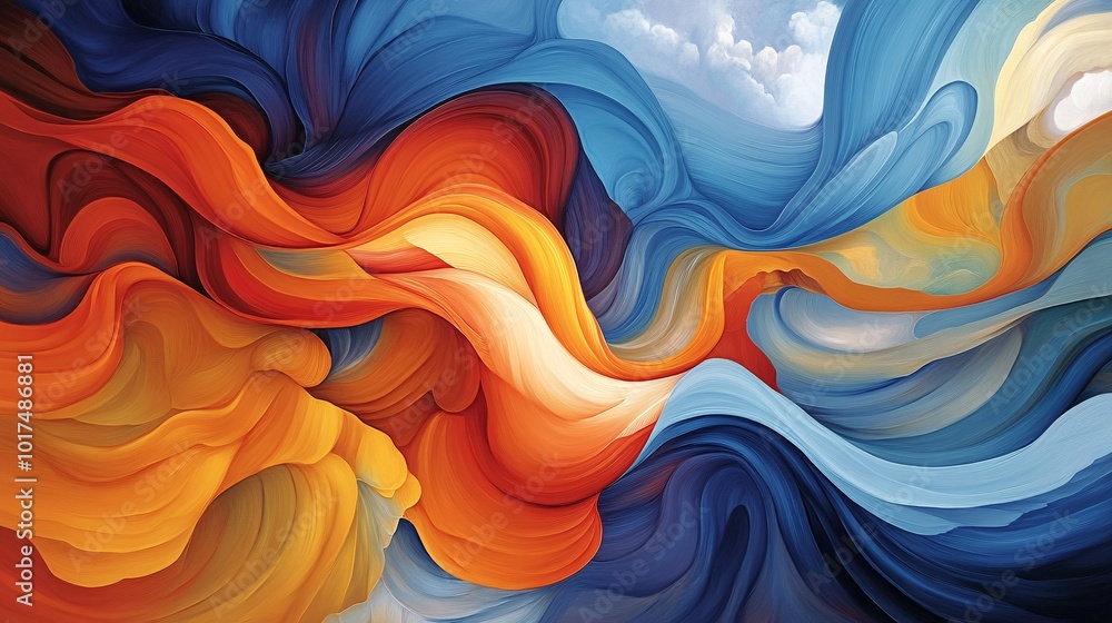 Poster an abstract composition of swirling colors in hues of blue, orange, and yellow, creating a dynamic a