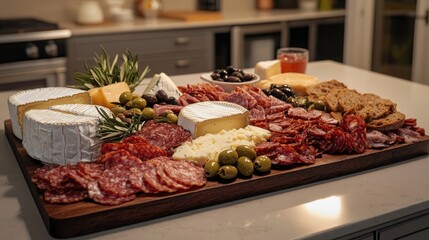 A modern kitchen island with a large charcuterie board featuring an array of cheeses, cured meats, olives, and artisanal bread arranged beautifully.
