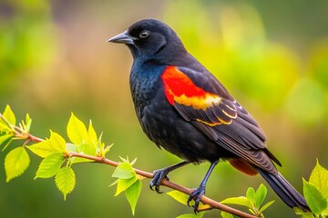 A beautiful red-winged blackbird perched elegantly on a branch, displaying its vivid plumage. Ideal for nature photography with generous blank space