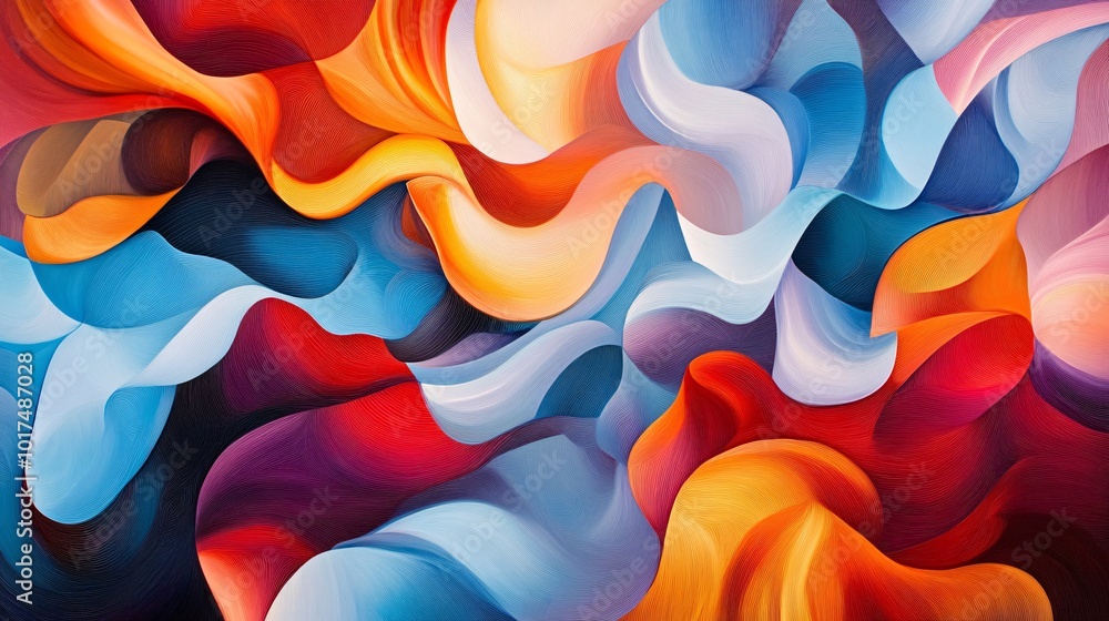 Poster a vibrant abstract composition featuring fluid shapes in hues of blue, orange, and red, creating a d