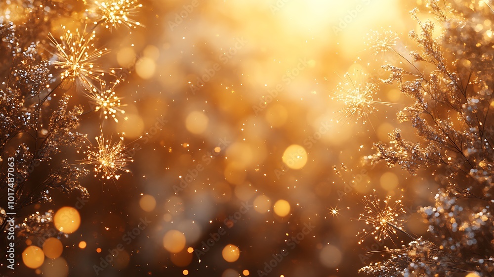 Poster golden bokeh background with frost-covered branches in the foreground.