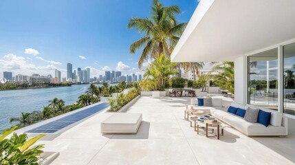 Fototapeta premium Luxurious Miami rooftop terrace with white and blue furniture surrounded by tropical plants on a sunny day with solar-powered canopies and water features
