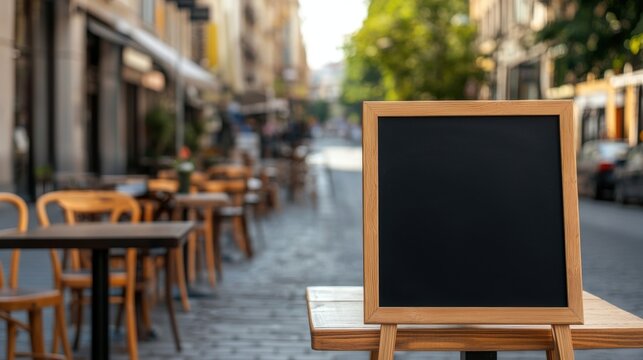 Wooden chalkboard set in a vibrant street scene with bold colors and high-definition clarity no cropping