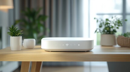 Wi-Fi router with sleek white design on a wooden table, symbolizing connectivity and internet access for home use