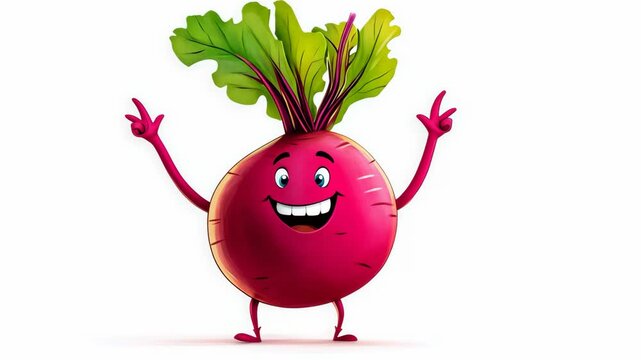 A cheerful beetroot with green leaves stands with its arms raised, a bright smile on its face