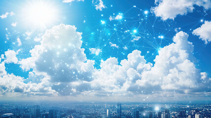 Network connections on a cloudy sky background