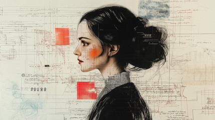 Mathematical Genius, a collage of Ada Lovelace�s handwritten notes and mathematical diagrams blending with computer coding, with copy space, Ada Lovelace Day