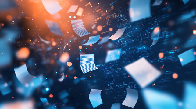 Digital data and floating documents with code background