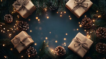 Rustic Christmas Gifts Surrounded by Pine Branches and Lights