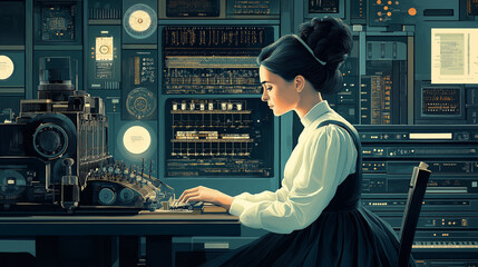 First Programmer, an artistic tribute showing Ada Lovelace sitting at an early computing machine, surrounded by modern computer elements, with copy space, Ada Lovelace Day