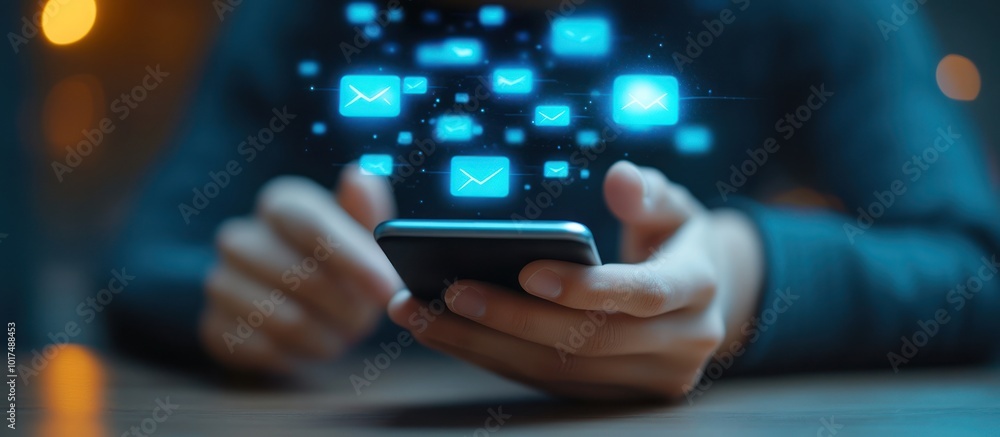 Poster person using a smartphone with email icons floating above it.