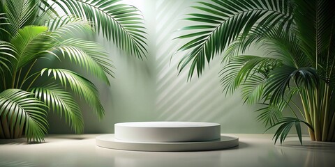 Obraz premium Abstract scene with podium and palm leaves mock up
