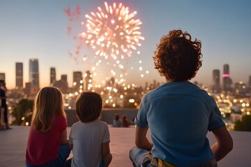 Three children enjoy a colorful fireworks display against a city skyline during dusk, capturing a moment of joy and wonder.