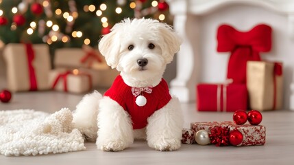 A cute puppy in a red sweater sits next to Christmas gifts, with a festive background of lights and a decorated tree.