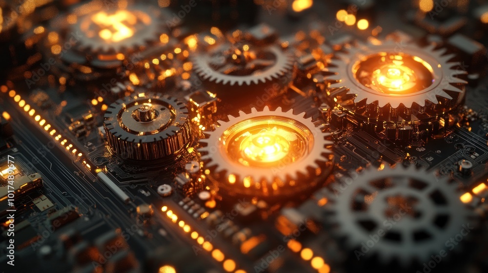 Poster a close-up of illuminated gears on a circuit board, showcasing a blend of technology and design.