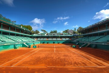 A stunning view of a clay tennis court basking under clear blue skies, evoking a sense of openness, readiness, and the allure of competitive sport settings.