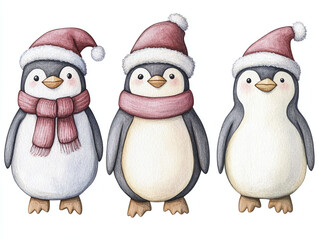 Fototapeta premium Cute Penguins in Santa Hats - Watercolor Christmas Illustration