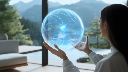 A woman holds a glowing, holographic sphere, gazing at a breathtaking mountain view through a large window in a modern setting.