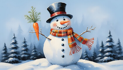Obraz premium Cheerful snowman wearing a top hat and scarf, holding a carrot in a winter landscape 