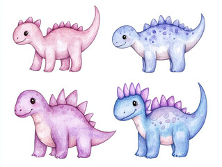 Naklejka premium Cute Watercolor Dinosaurs Illustration - Adorable Baby Dino Clipart