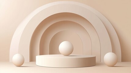 Realistic 3D Beige Cylindrical Podium with Ball and Arch Backdrop: A Minimalist Mockup for Abstract Product Display Presentation and Stage Showcase in Geometric Design






