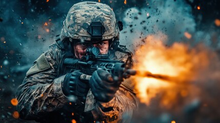 Fototapeta premium A soldier firing a weapon amidst explosions in a combat scenario.