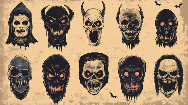 Retro halloween monster portraits set vintage horror movie poster design elements. Vintage Poster. Illustration