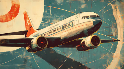 Retro vintage abstract holiday poster showing international overseas air travel by airplane for a globe trotting getaway vacation and tourism, stock illustration image. Vintage Poster. Illustration