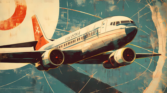 Retro vintage abstract holiday poster showing international overseas air travel by airplane for a globe trotting getaway vacation and tourism, stock illustration image. Vintage Poster. Illustration