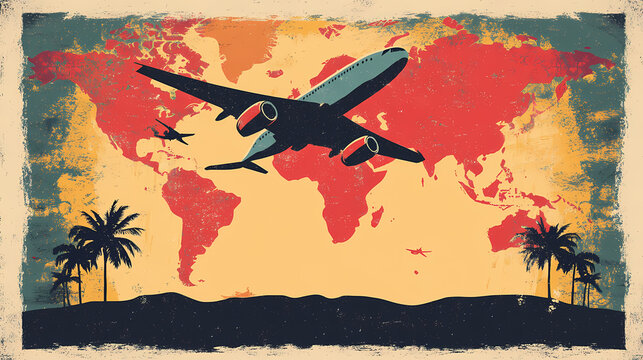 Retro vintage abstract holiday poster showing international overseas air travel by airplane for a globe trotting getaway vacation and tourism, stock illustration image. Vintage Poster. Illustration