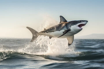 Shark is leaping out of the water, creating a splash