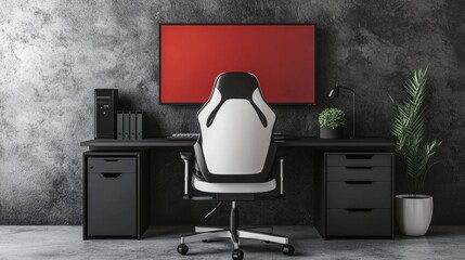 A tech-inspired workspace with black and white chair, red TV screen, black desk with drawers and small plant, in front of a sleek gray wall.