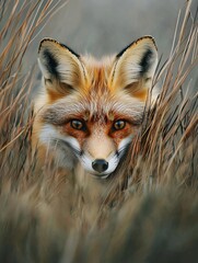 Obraz premium A sly fox observes its surroundings from a bed of tall grass, its sharp gaze and fluffy tail on display.